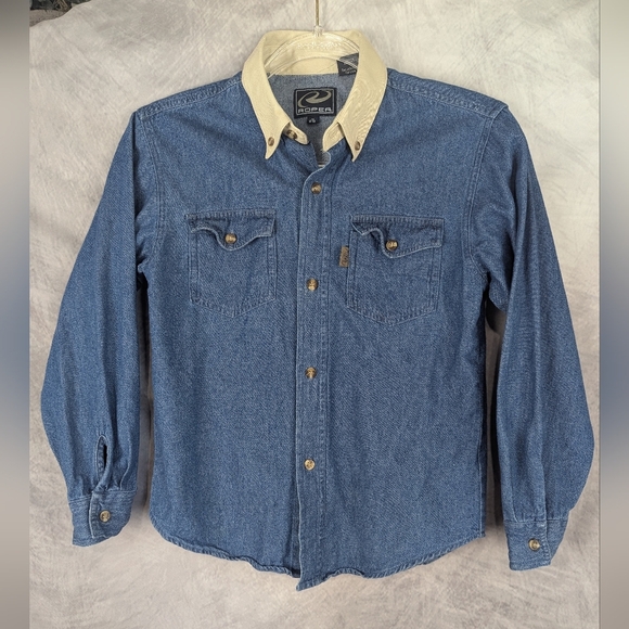 Roper Size Medium 6-8 Youth Button Down Shirt Denim Tan Collar - Picture 1 of 11